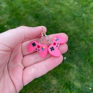 Resin Hot Pink Controller Earrings with Silver Accents